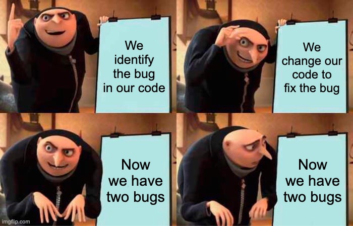 A meme showing Gru smiling evilly while revealing a plan, in four panels. In the first panel, he shows a card reading “We identify the bug in our code.” Second panel, the card reads “We change our code to fix the bug.” Third panel: “Now we have two bugs.” Final panel: “Now we have two bugs,” as Gru looks at the card in dismay.