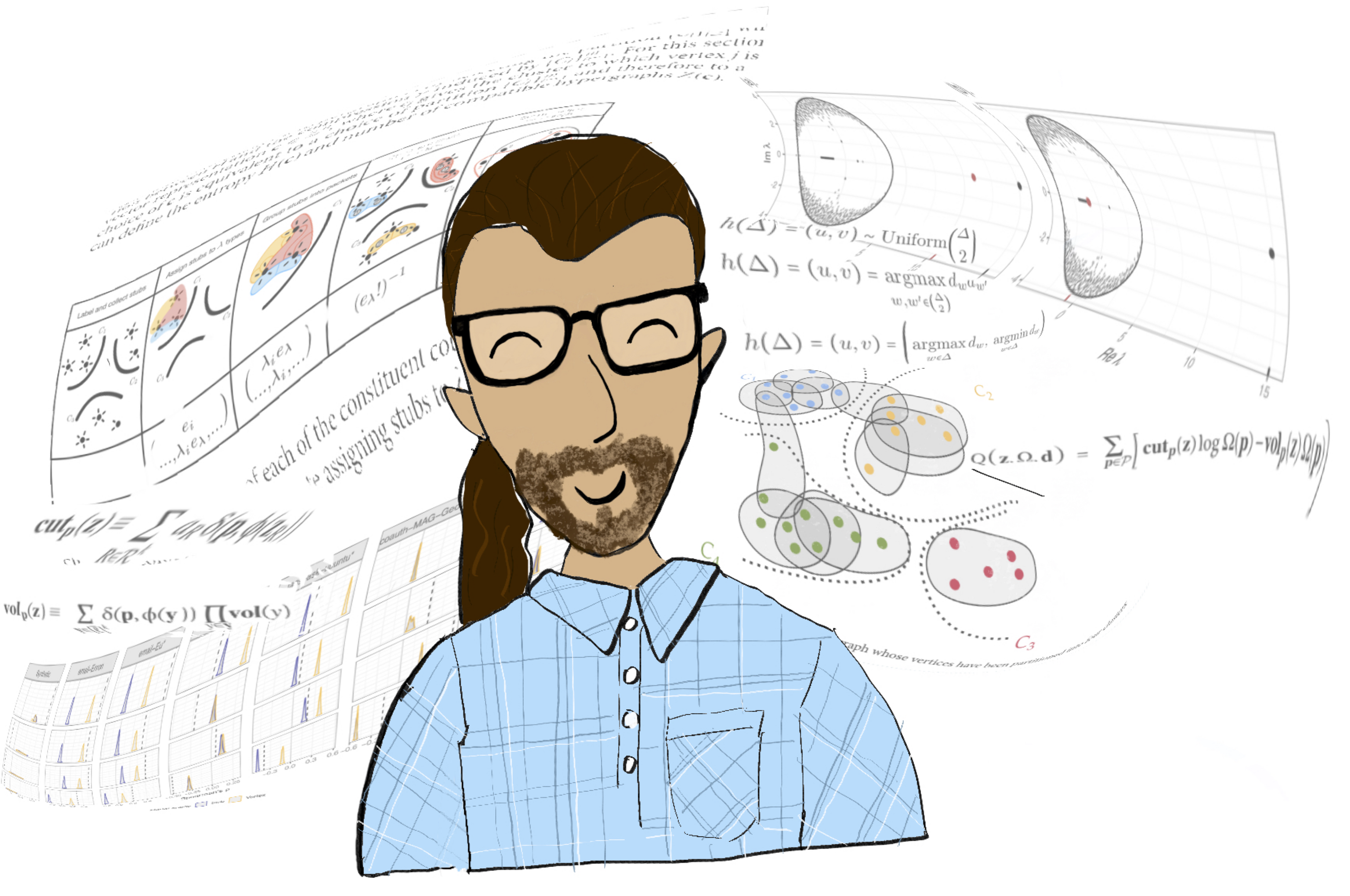 Cartoon picture of Phil Chodrow with a background containing mathematical symbols.